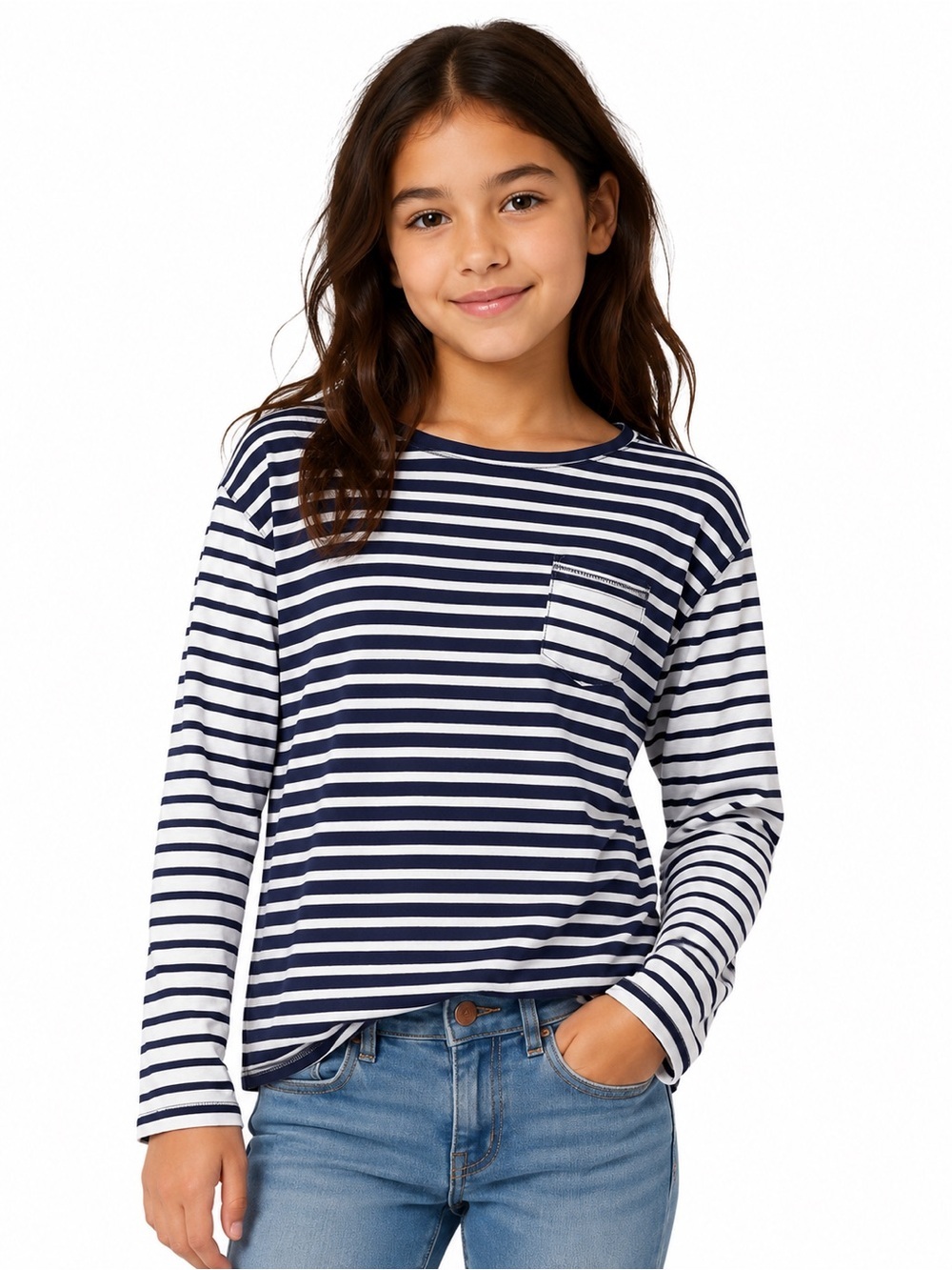 Old Navy Girls' Navy & White Stripe Long-Sleeve Pocket Tee Size XL 14